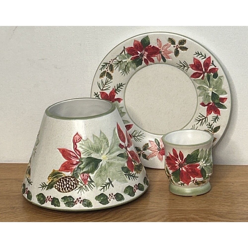 Yankee Candle Christmas Poinsettia Large Ceramic Jar Topper Shade, holder, Plate